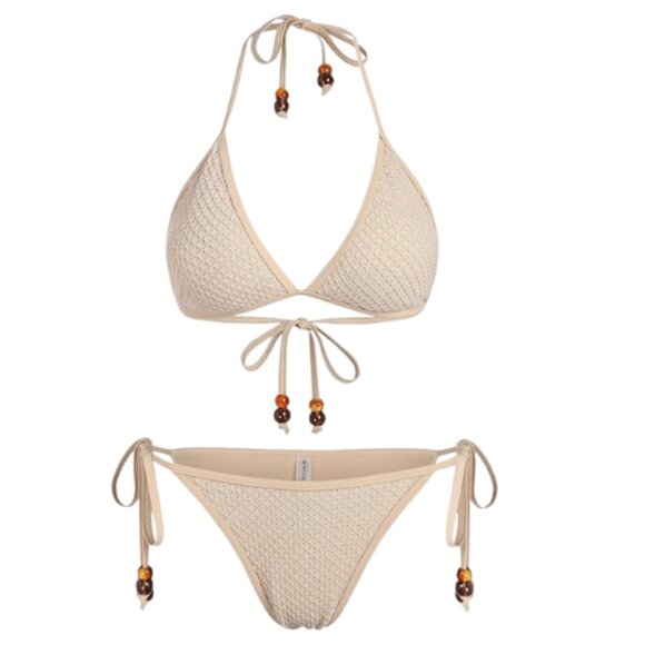 🆕Medium Boho Cream Bikini Set – Textured Beaded Tie Back Halter Cheeky NWT - Picture 1 of 3